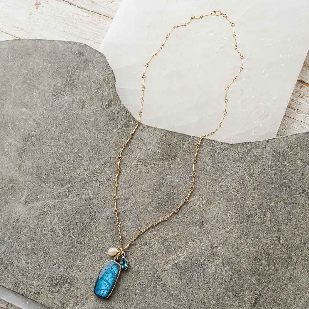 Labradorite Rectangle Necklace with Pearl and Topaz on Bar Chain