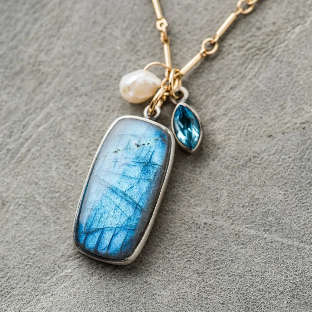 Labradorite Rectangle Necklace with Pearl and Topaz on Bar Chain