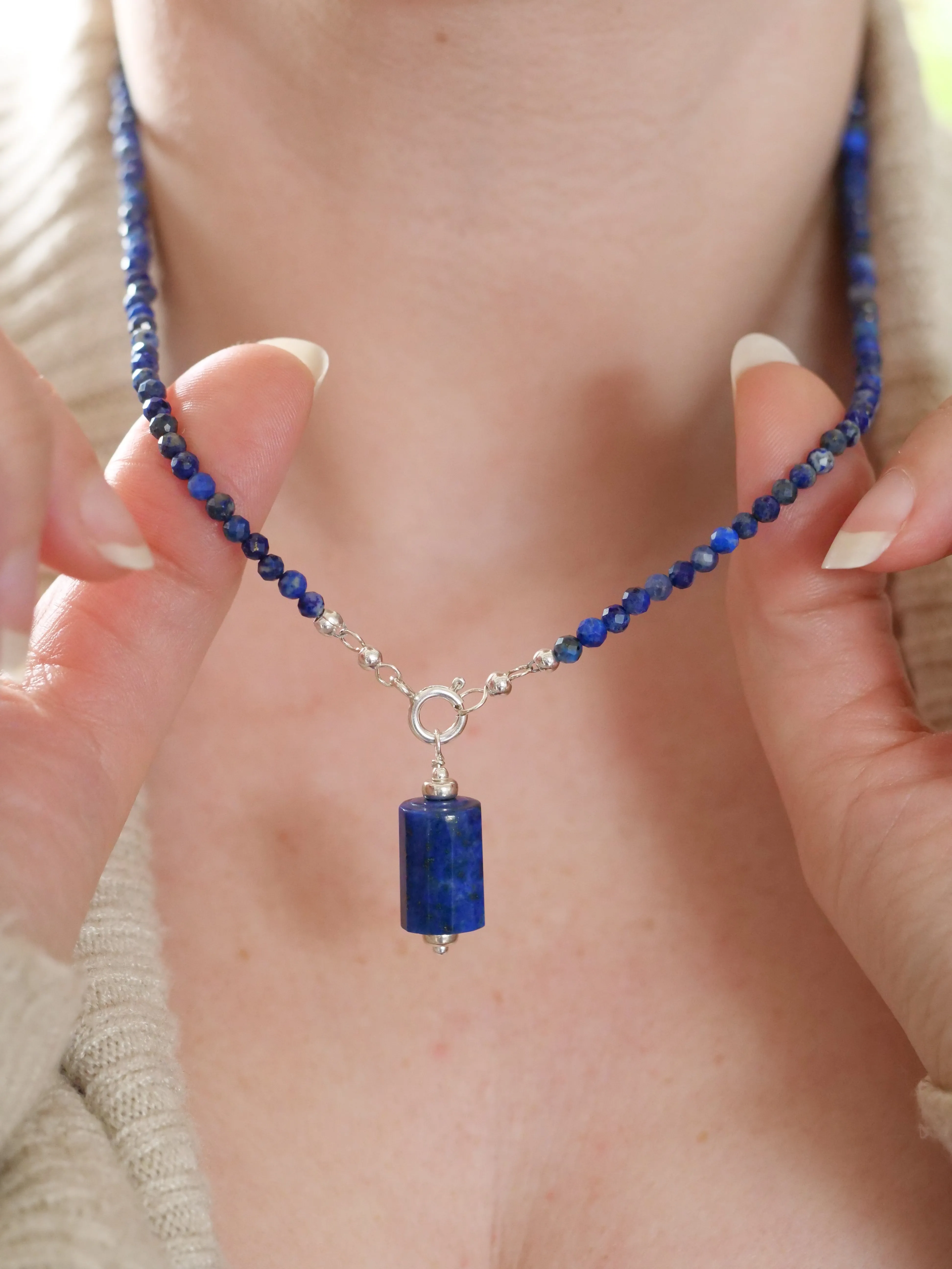 Lapis Lazuli 3mm Beaded Natural Gemstone Sterling Silver/14ct Gold Filled Necklace, Genuine Top Grade Gift Jewelry, Women Fashion Jewellery