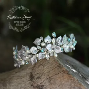 Larissa Silver leaf crown - crystal rhinestones with hints of aqua and pearl.