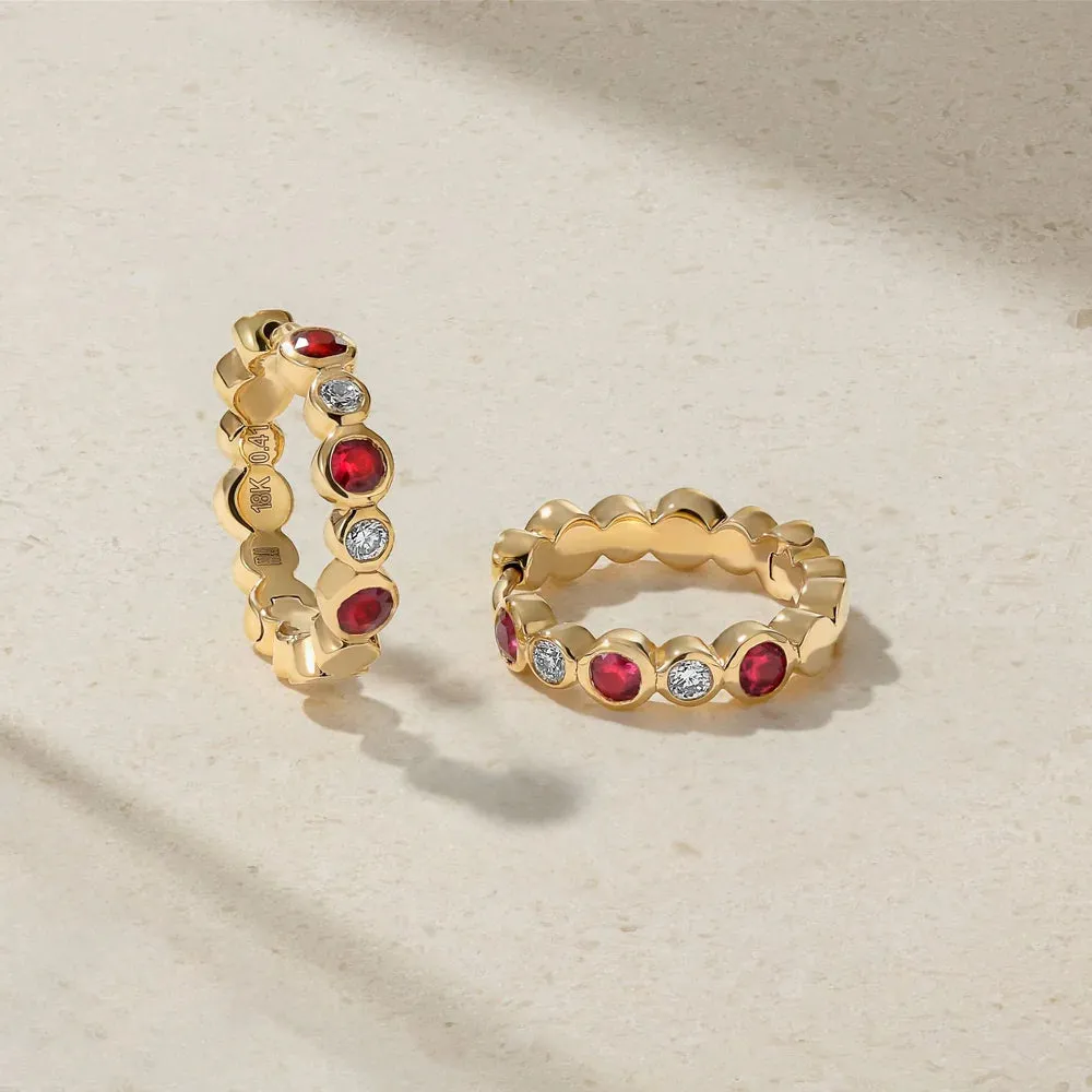 Mark Henry 18k Yellow Gold Pair of Bubbly Ruby and Diamond Mini Hoop Earrings