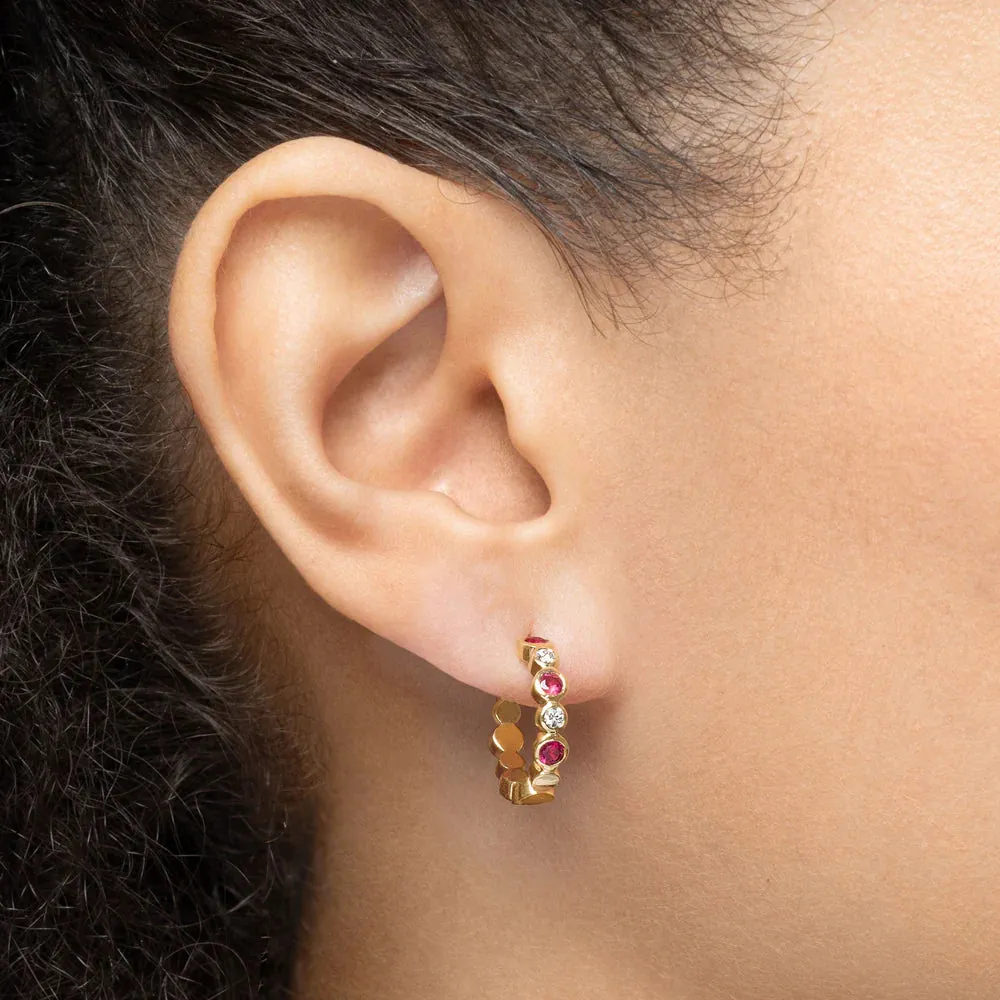 Mark Henry 18k Yellow Gold Pair of Bubbly Ruby and Diamond Mini Hoop Earrings