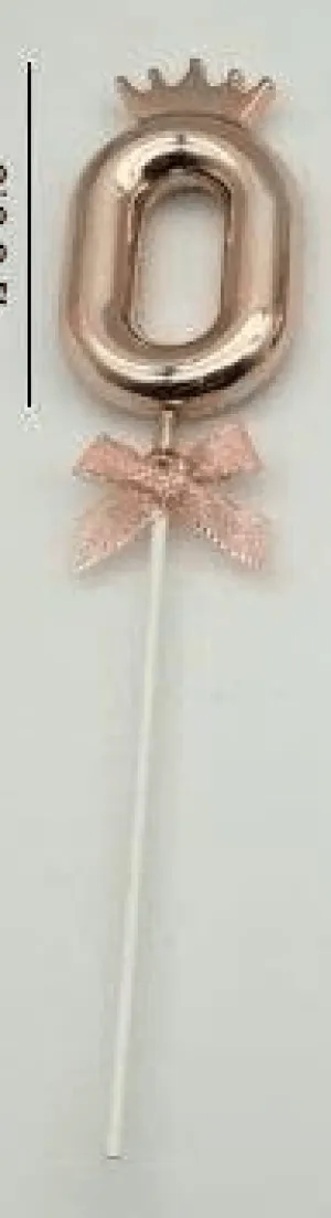 Number 0 on a stick with a rose gold crown