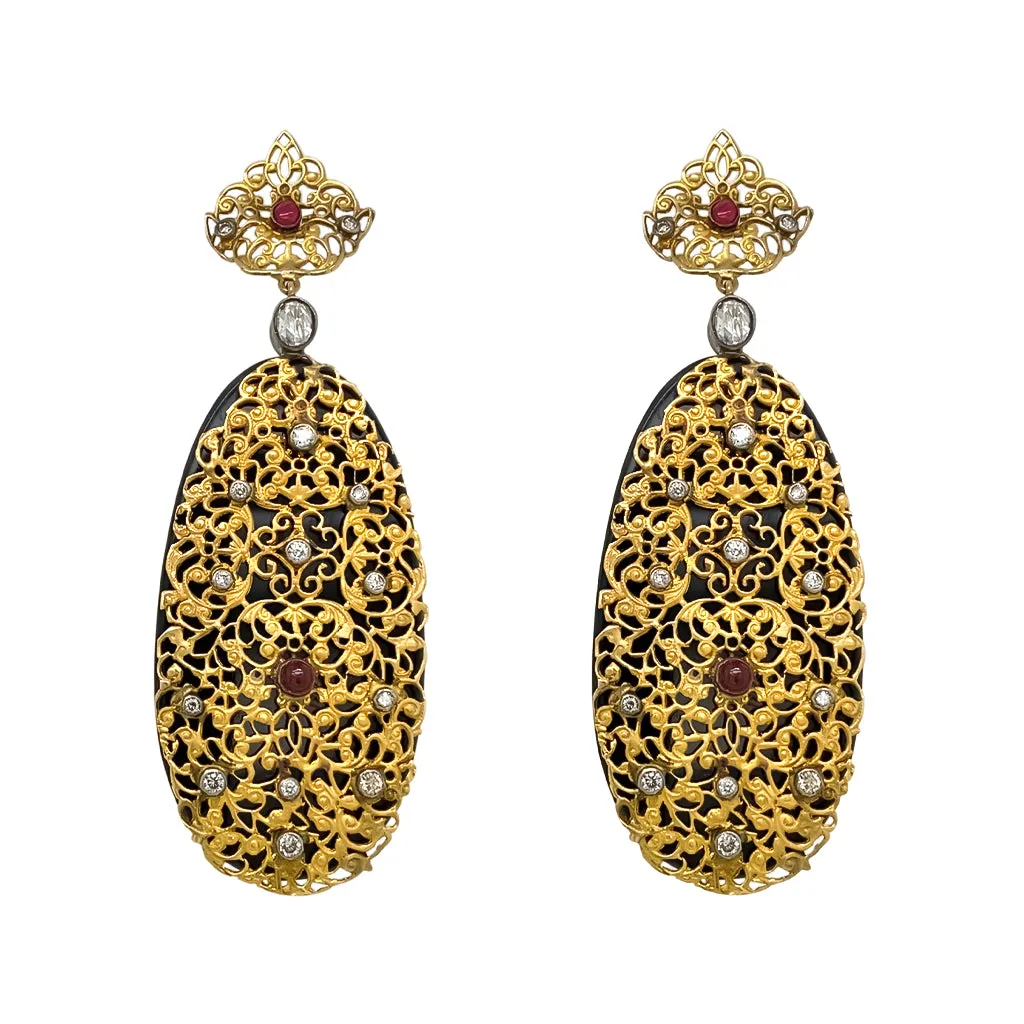 Onyx, Ruby and Diamond Earrings