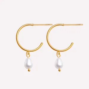 PEARL DANGLE SMALL HOOP EARRINGS IN GOLD