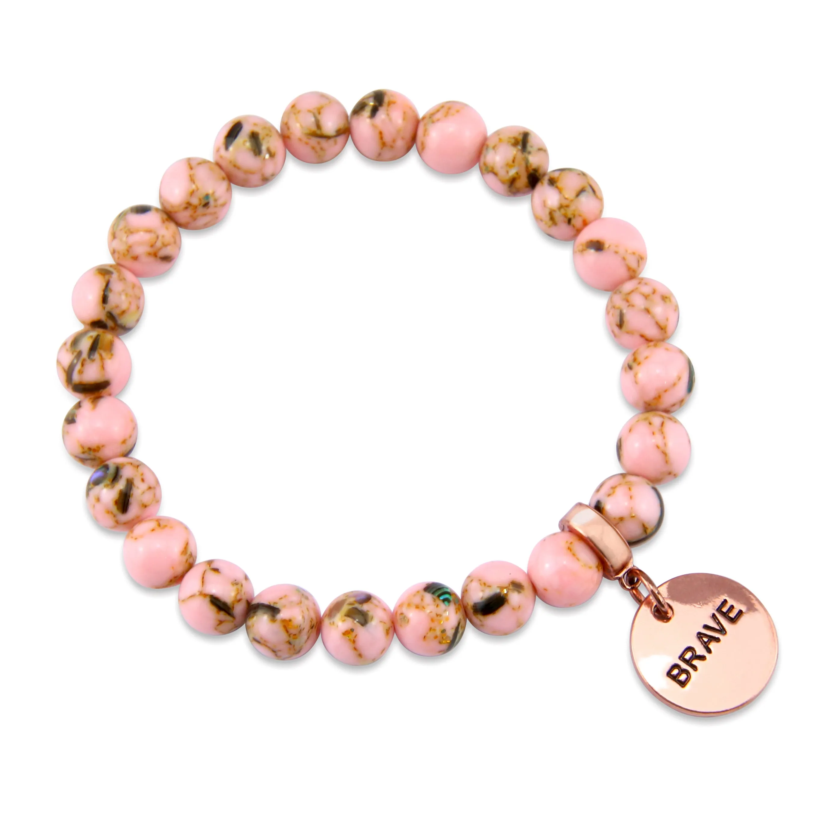 PINK COLLECTION - Soft Pink Synthesis 8mm Bead Bracelet  -  Rose Gold Word Charms