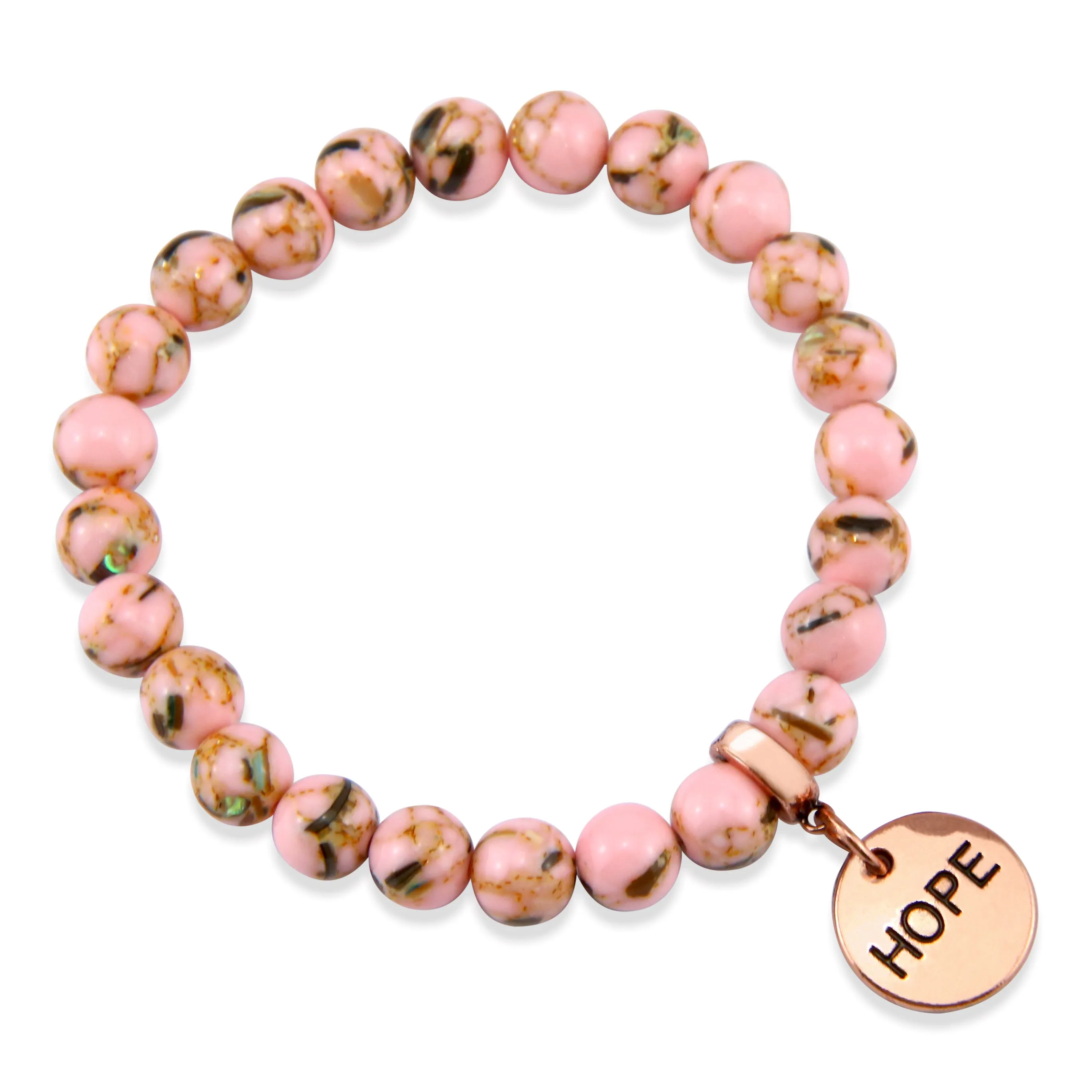 PINK COLLECTION - Soft Pink Synthesis 8mm Bead Bracelet  -  Rose Gold Word Charms