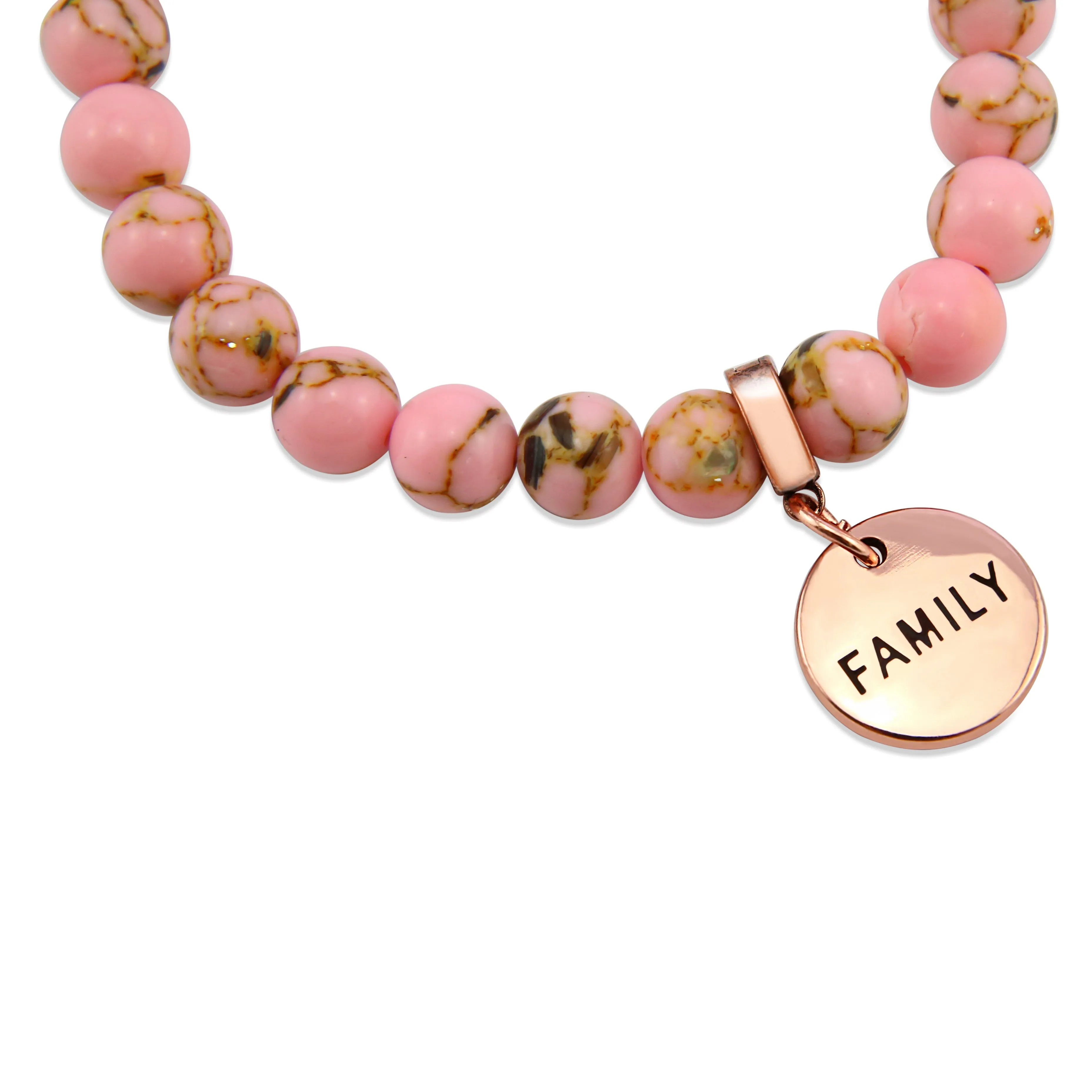 PINK COLLECTION - Soft Pink Synthesis 8mm Bead Bracelet  -  Rose Gold Word Charms