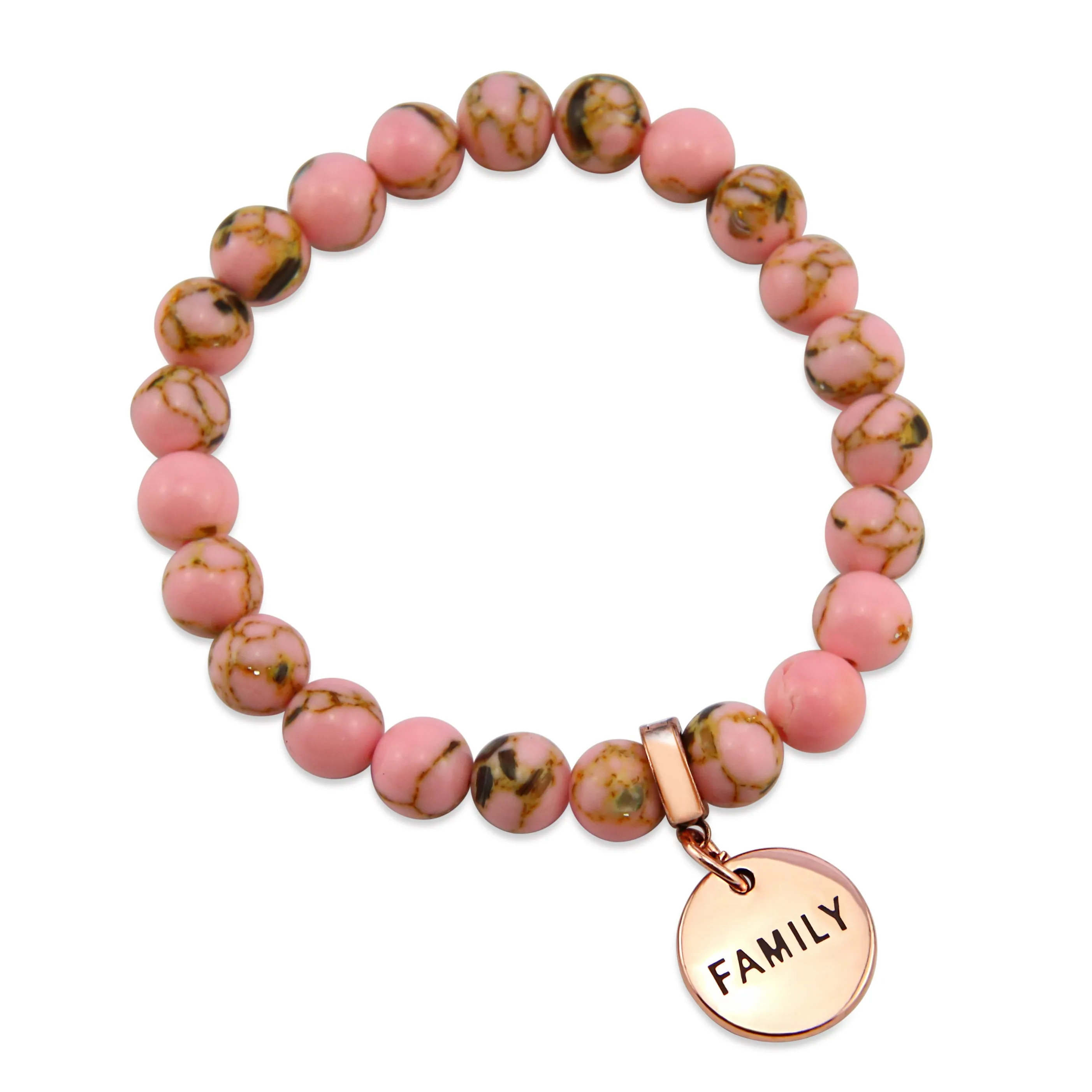 PINK COLLECTION - Soft Pink Synthesis 8mm Bead Bracelet  -  Rose Gold Word Charms