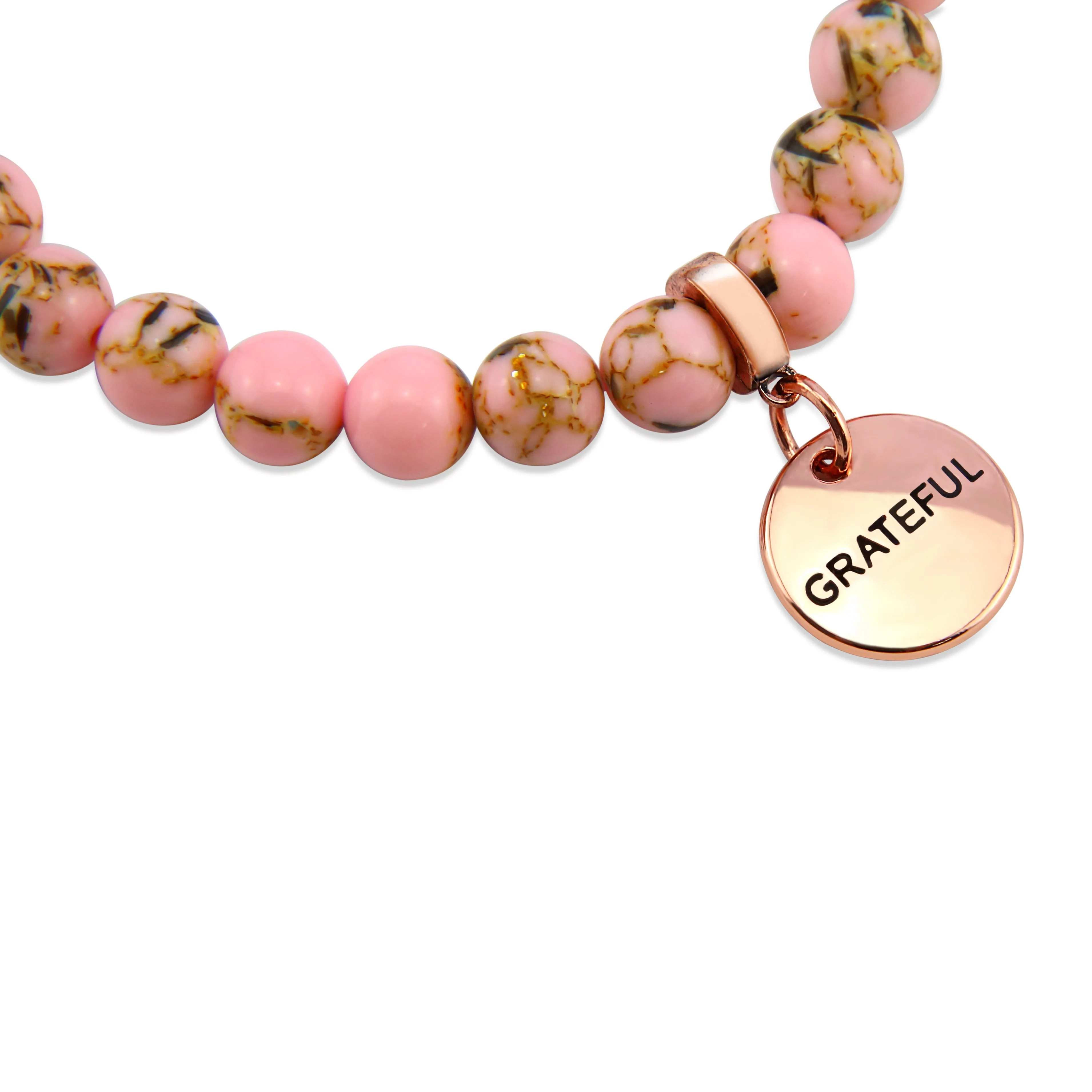 PINK COLLECTION - Soft Pink Synthesis 8mm Bead Bracelet  -  Rose Gold Word Charms