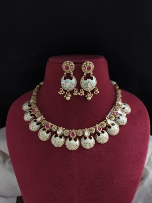 "Kundan Meenakari Floral Necklace with Chandbali Earrings in Pastel Ivory & Mint"