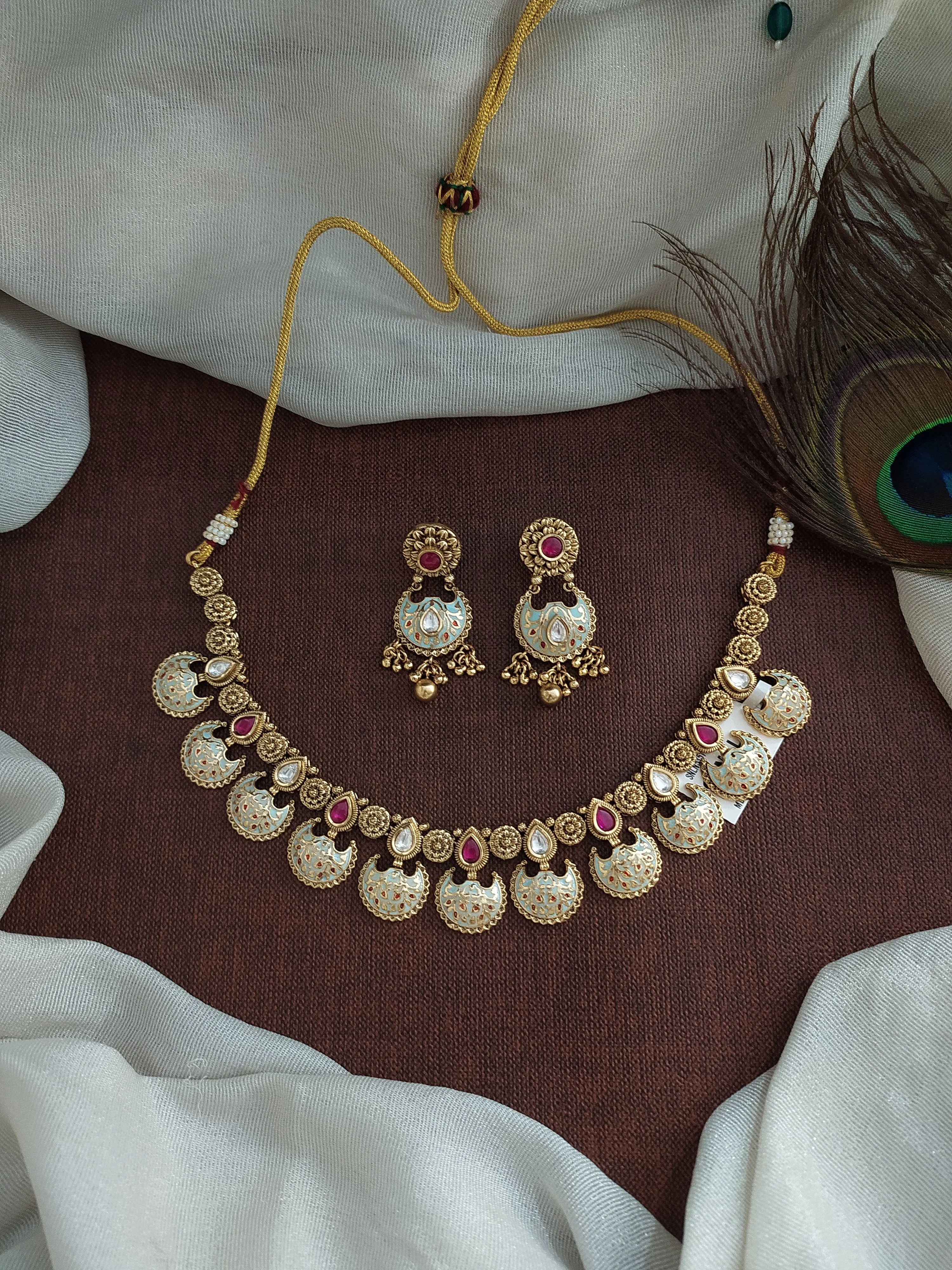 "Kundan Meenakari Floral Necklace with Chandbali Earrings in Pastel Ivory & Mint"