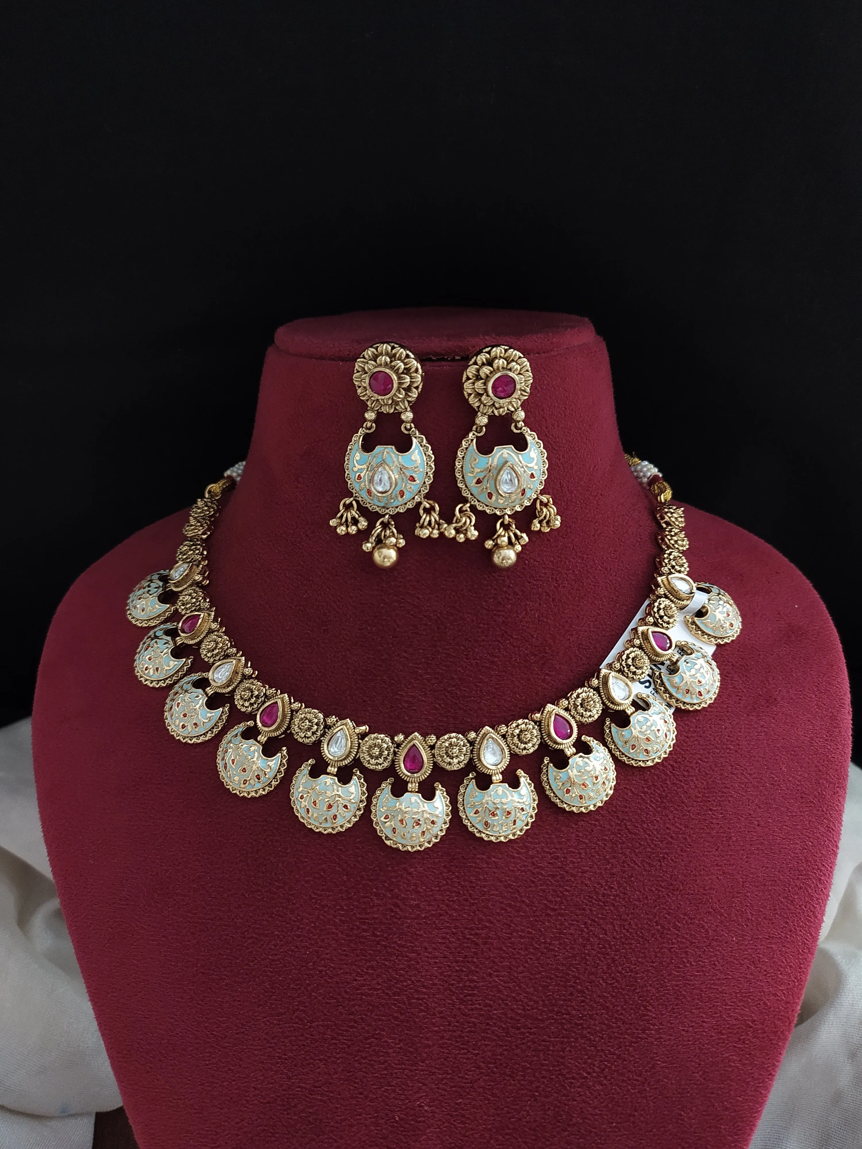 "Kundan Meenakari Floral Necklace with Chandbali Earrings in Pastel Ivory & Mint"