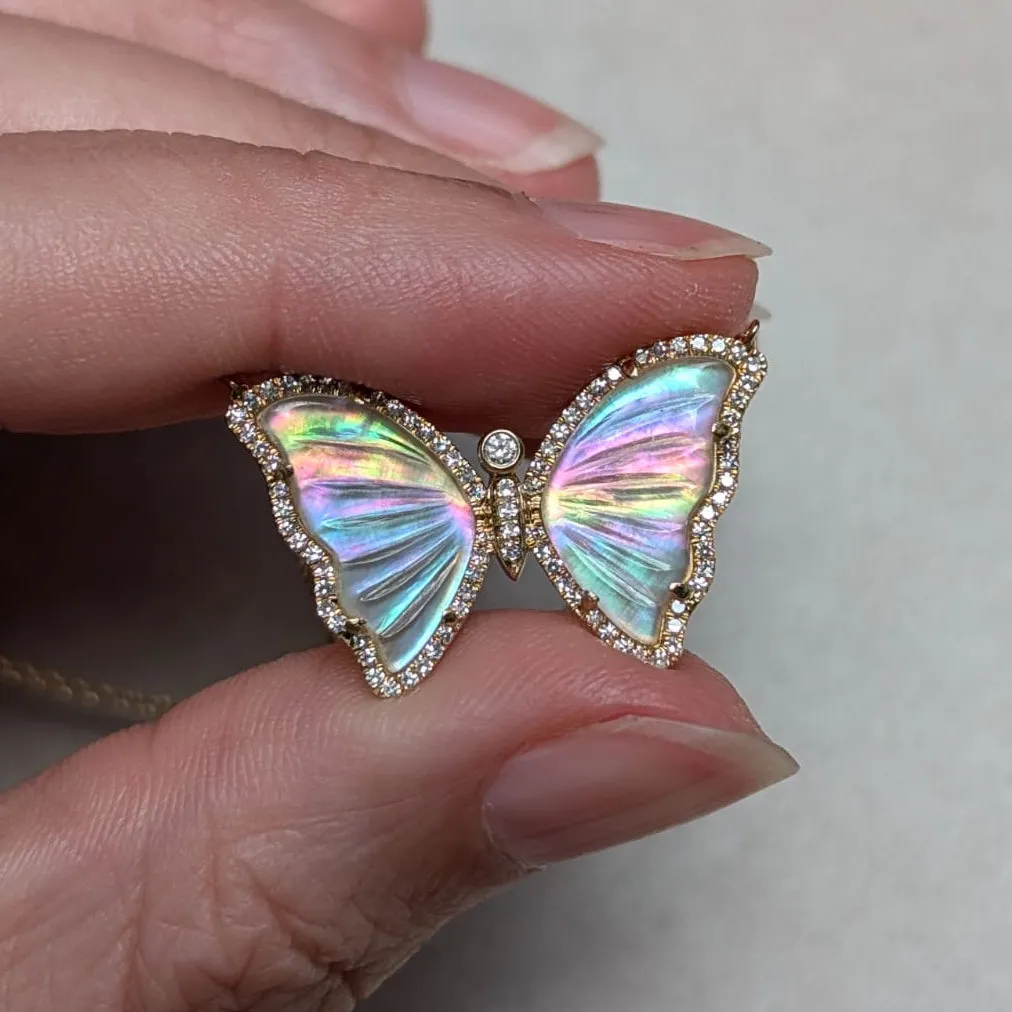 Rainbow Diamond Butterfly Necklace with White Topaz and Pearl