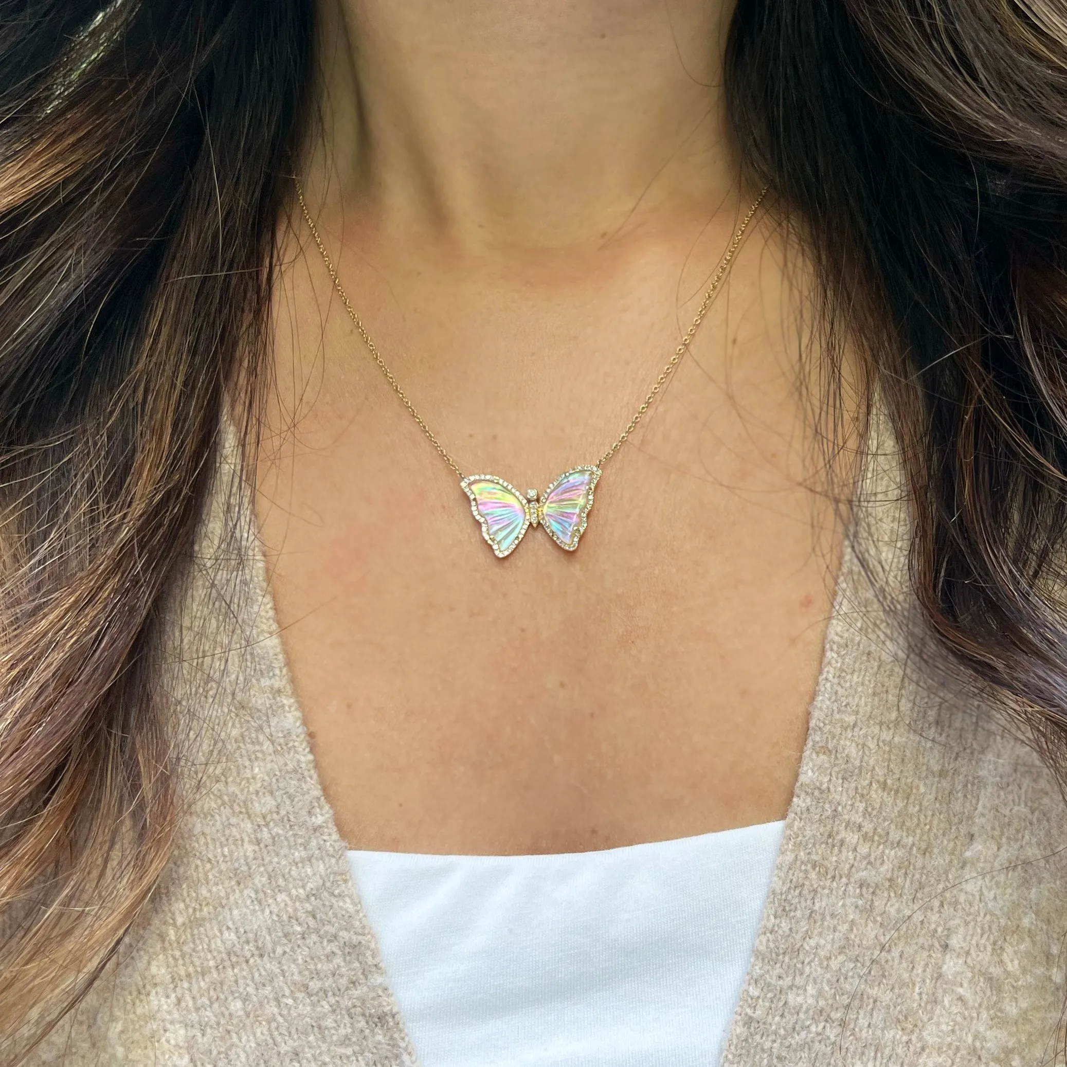 Rainbow Diamond Butterfly Necklace with White Topaz and Pearl