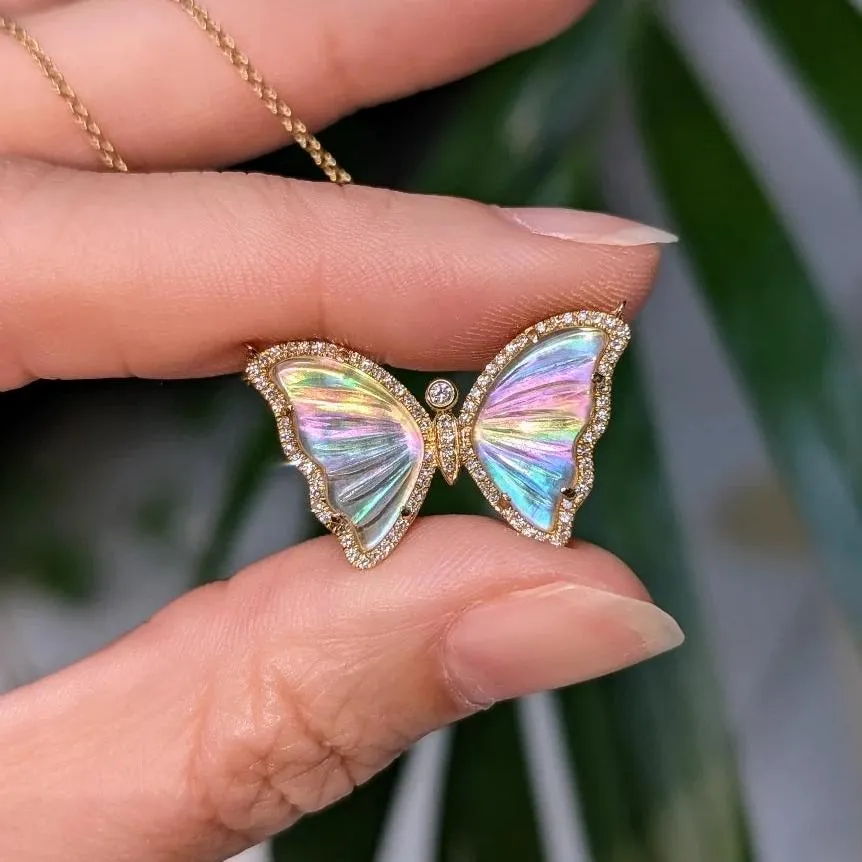 Rainbow Diamond Butterfly Necklace with White Topaz and Pearl