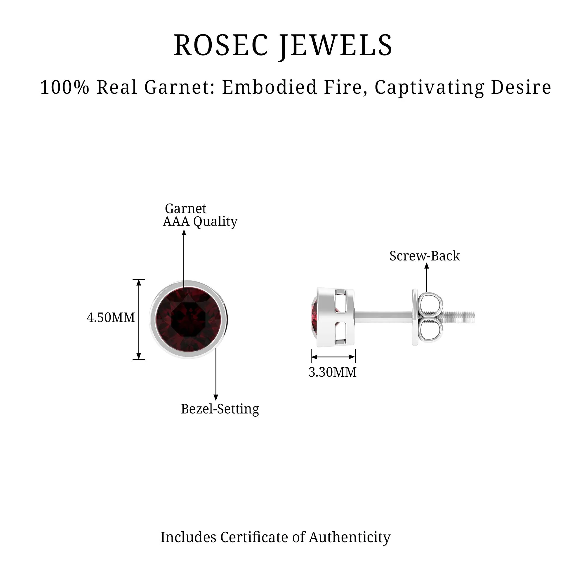 Red Garnet Solitaire Stud Earrings in Bezel Setting