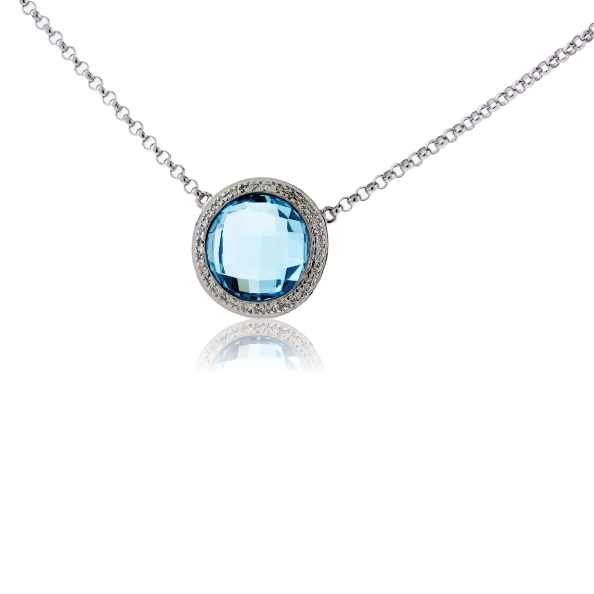 Round Blue Topaz & Diamond Halo Pendant