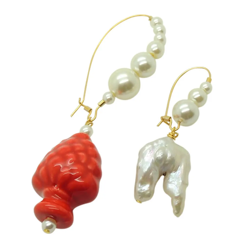 Sicilian Pine Cone and Pearl Charm Duo Hoop Earrings