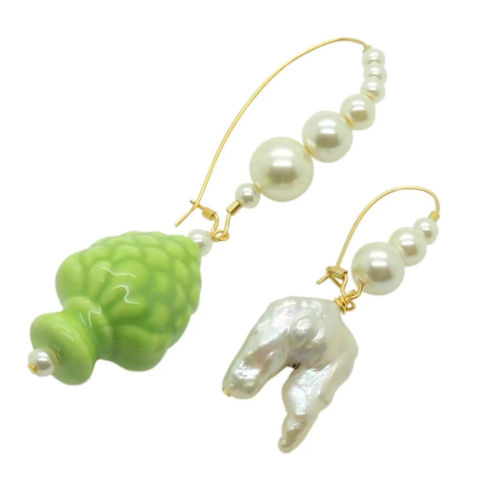 Sicilian Pine Cone and Pearl Charm Duo Hoop Earrings