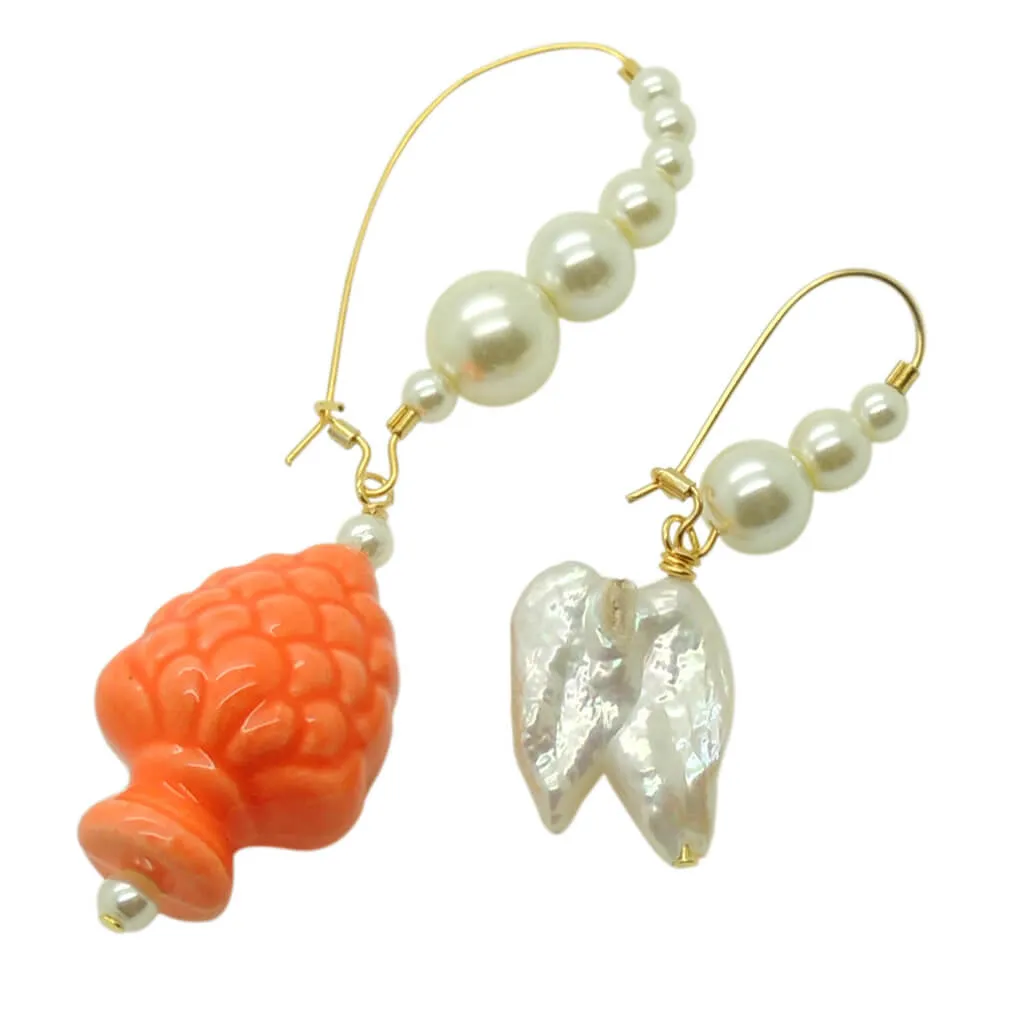 Sicilian Pine Cone and Pearl Charm Duo Hoop Earrings