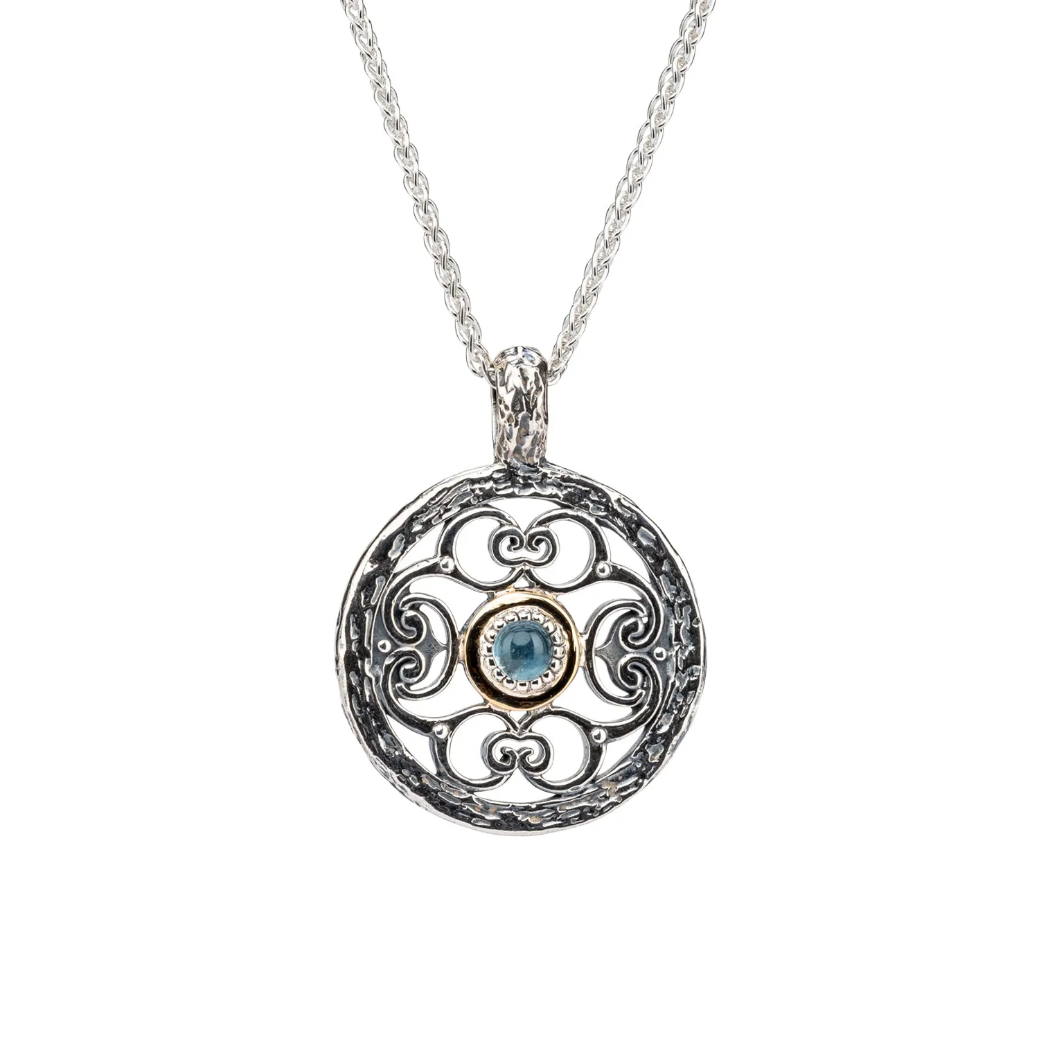 Silver and 10k Gold Filigree Whirlpool Pendant - Sky Blue Topaz