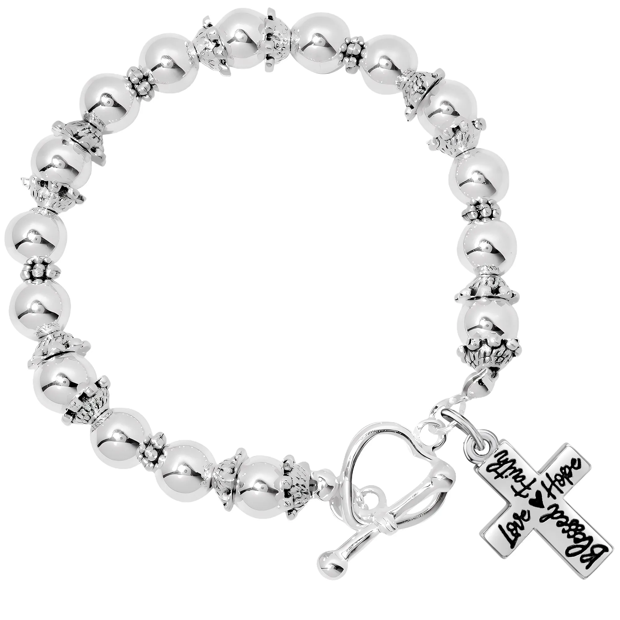 Silver Blessed, Hope, Faith, and Love Cross Beaded Charm Bracelets