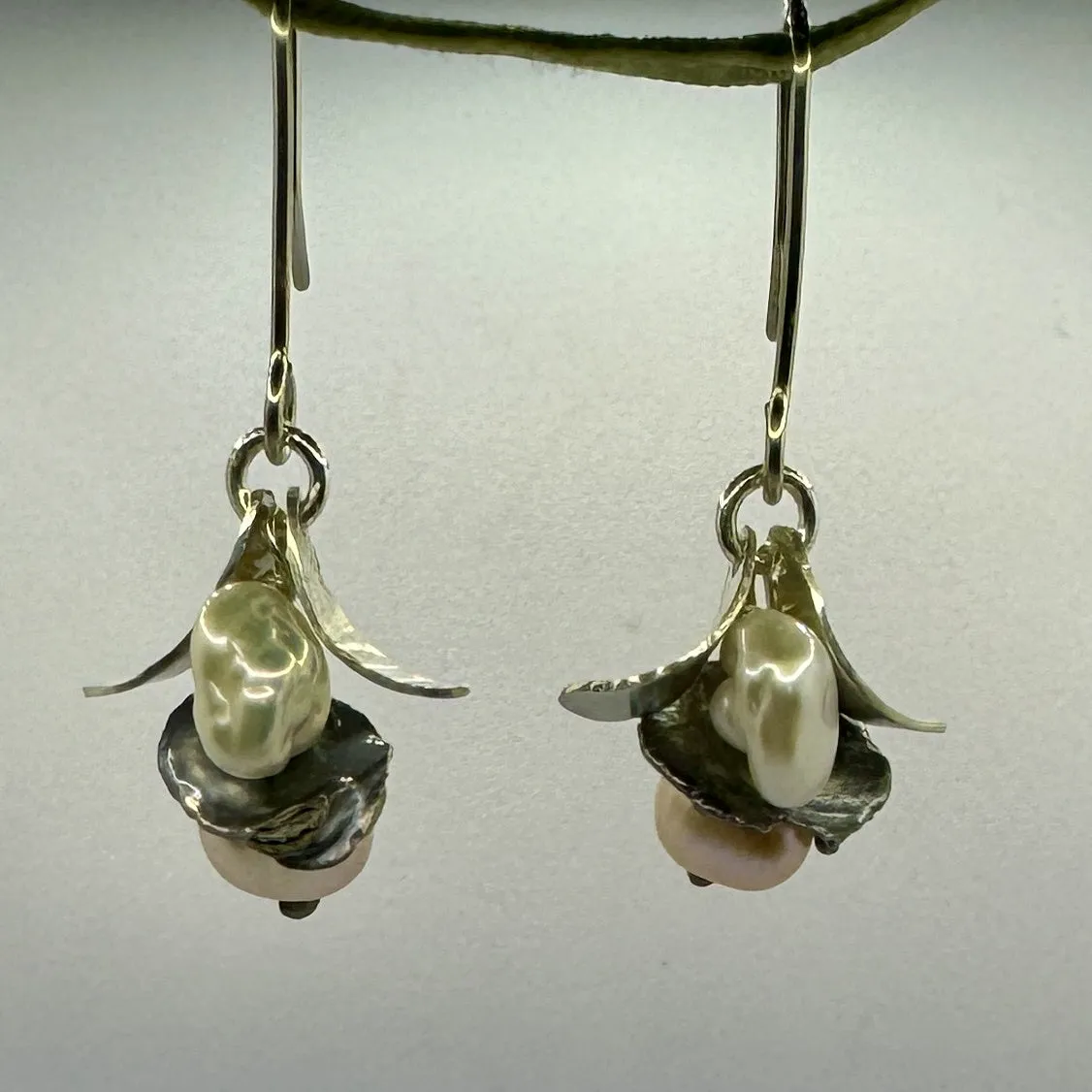 Silver hook earrings with grey & white pearls