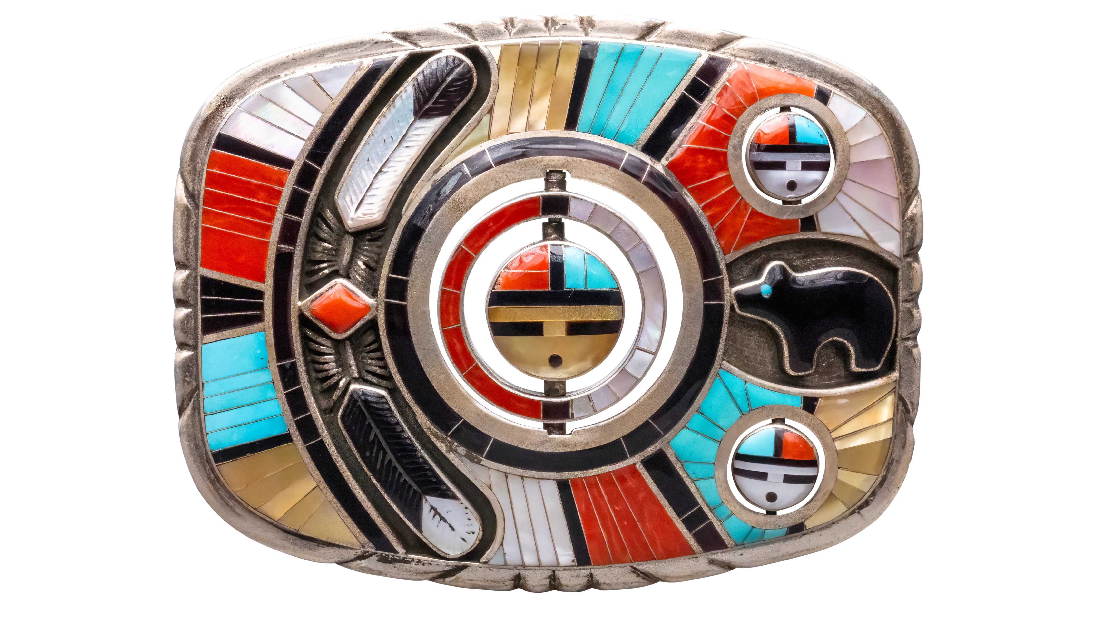 Sleeping Beauty Turquoise, Coral, Jett, Lapis & Mother of Pearl Belt Buckle | Don Dewa