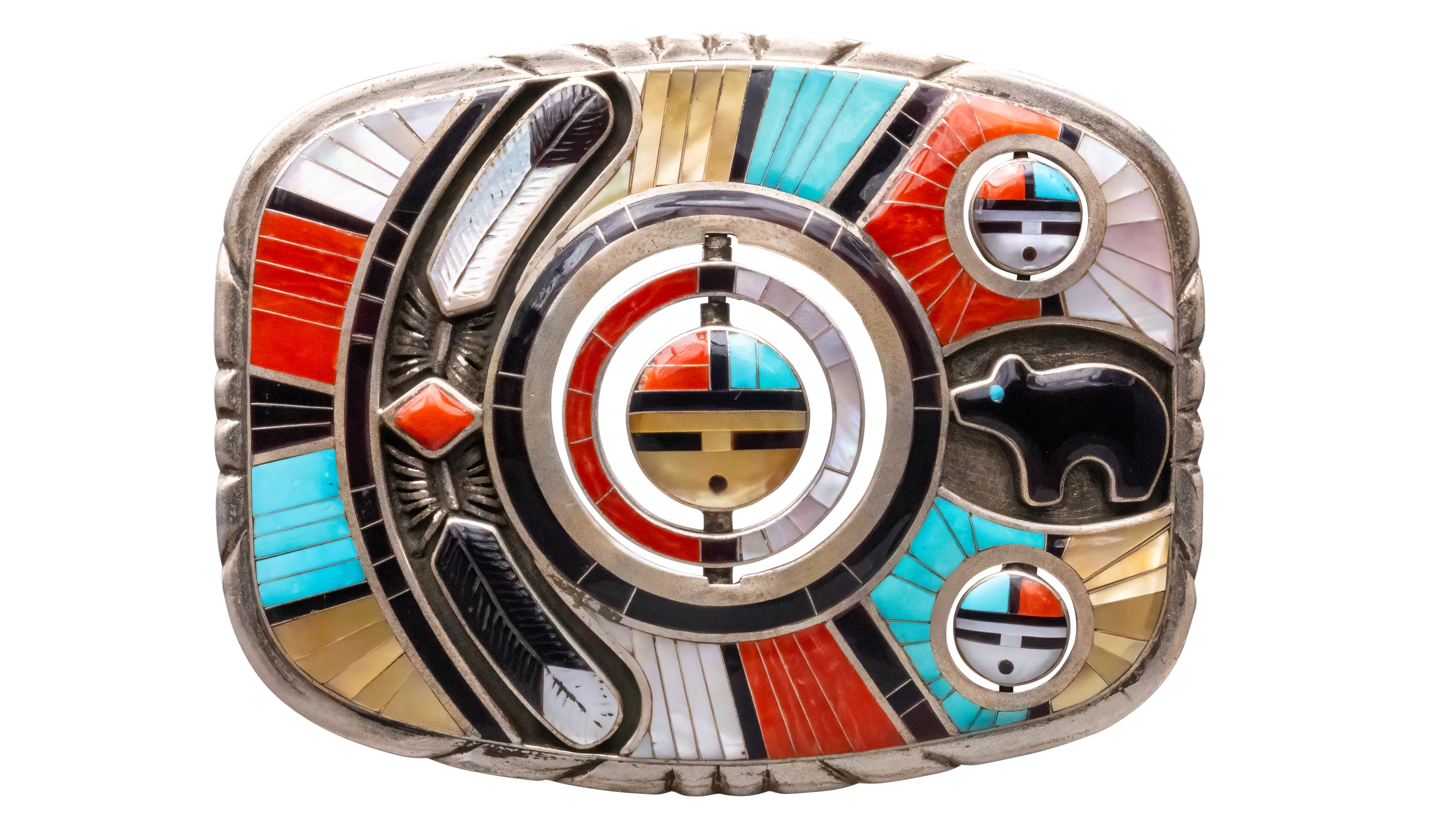 Sleeping Beauty Turquoise, Coral, Jett, Lapis & Mother of Pearl Belt Buckle | Don Dewa