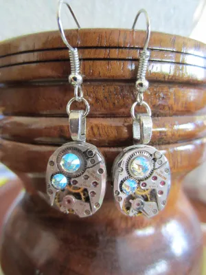 Steampunk watch earrings - Almost Time  - Steampunk Earrings - Sapphire shimmer - Repurposed art