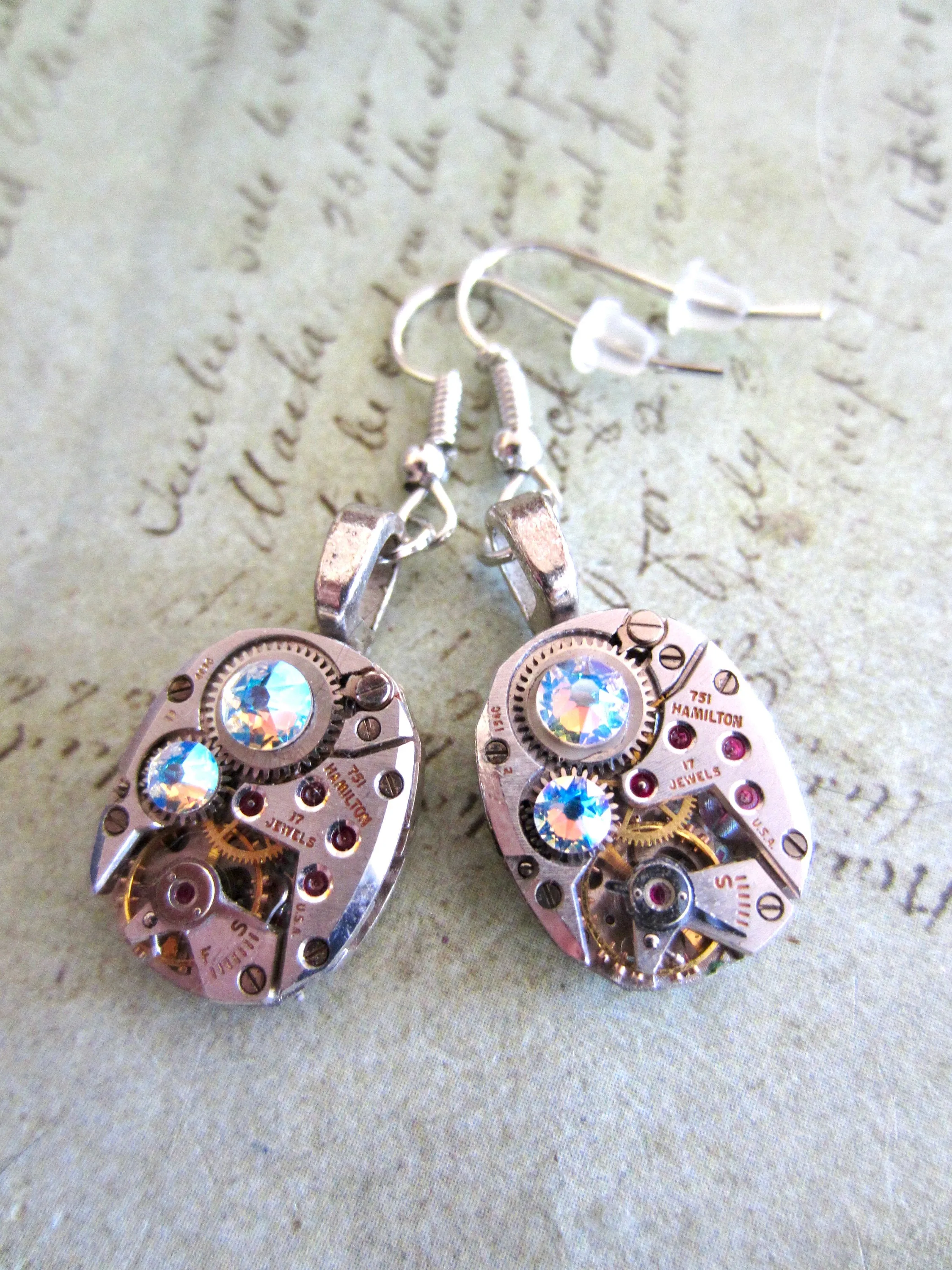 Steampunk watch earrings - Almost Time  - Steampunk Earrings - Sapphire shimmer - Repurposed art