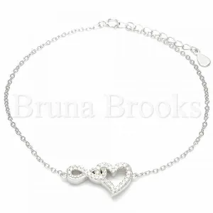 Sterling Silver 03.336.0083.08 Fancy Bracelet, Heart and Infinite Design, with White Crystal, Polished Finish, Rhodium Tone