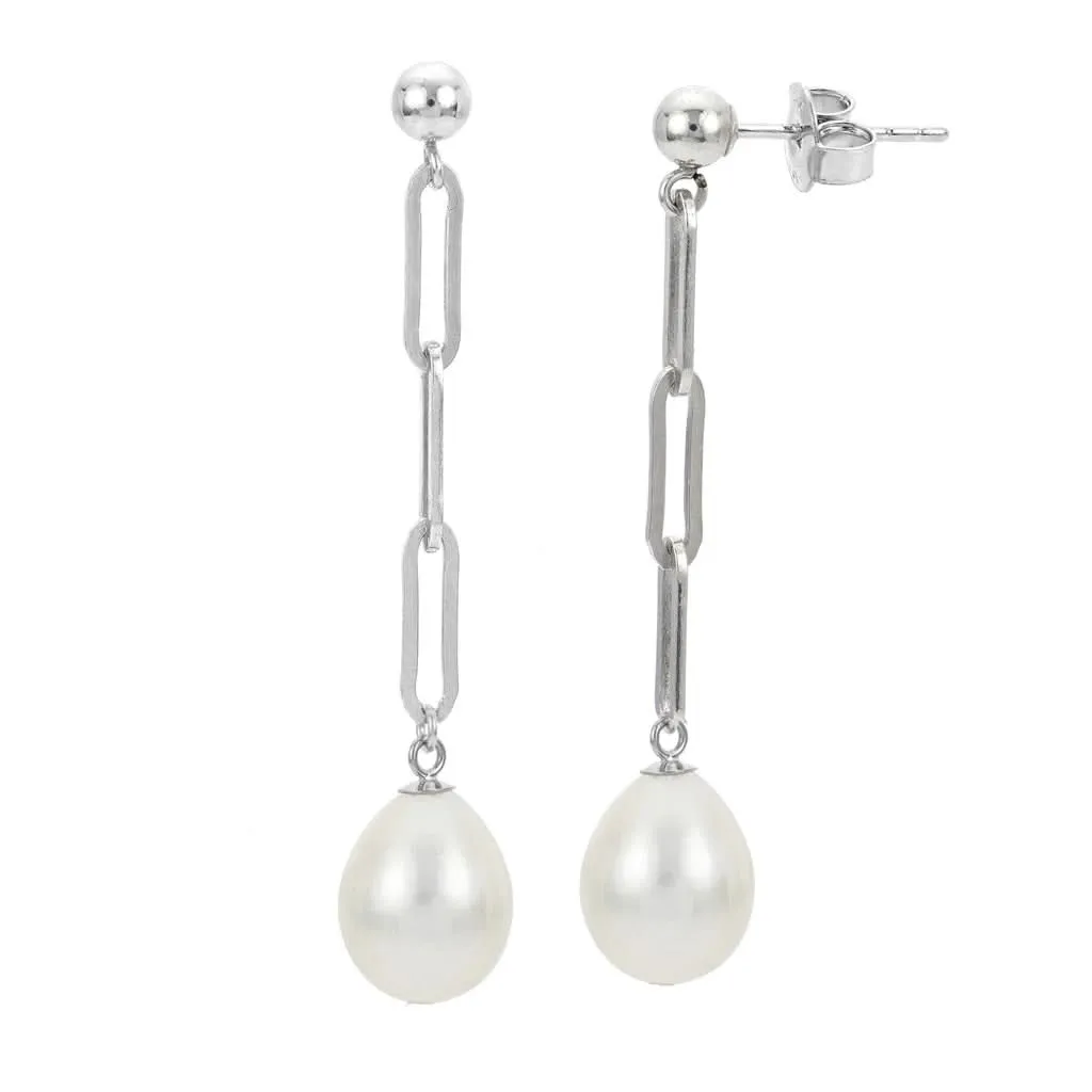 Sterling Silver 9 mm Fresh Water Pearl Dangle Earrings