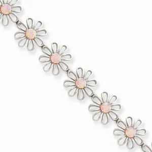 Sterling Silver Pink Created Opal Flower Bracelet