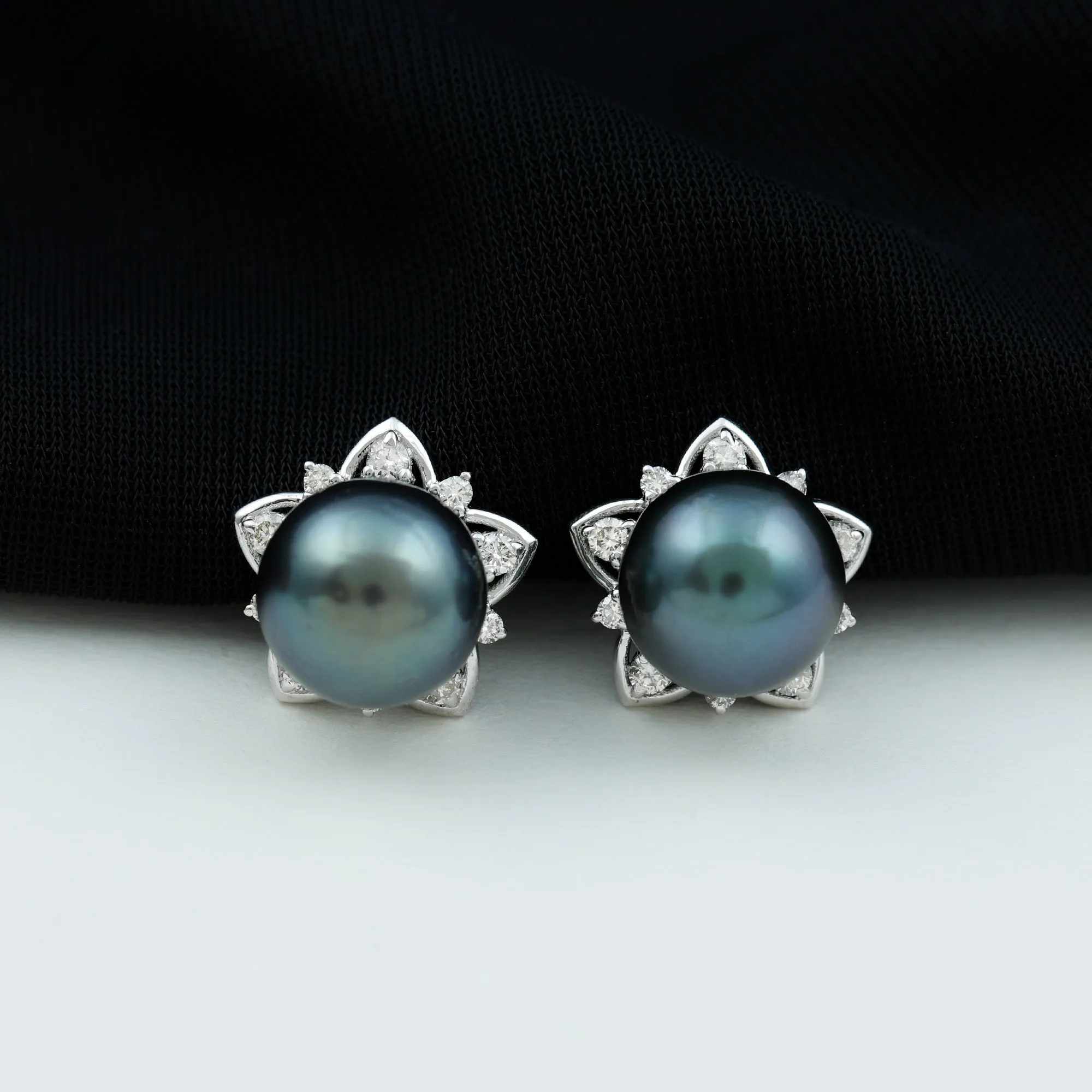 Tahitian Pearl and Diamond Flower Stud Earrings