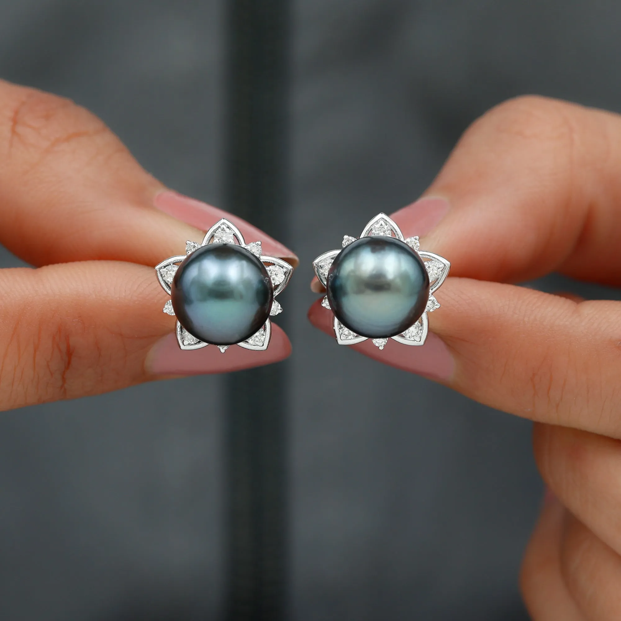 Tahitian Pearl and Diamond Flower Stud Earrings