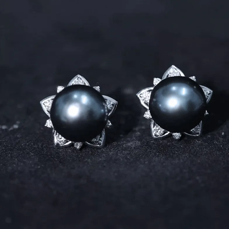 Tahitian Pearl and Diamond Flower Stud Earrings