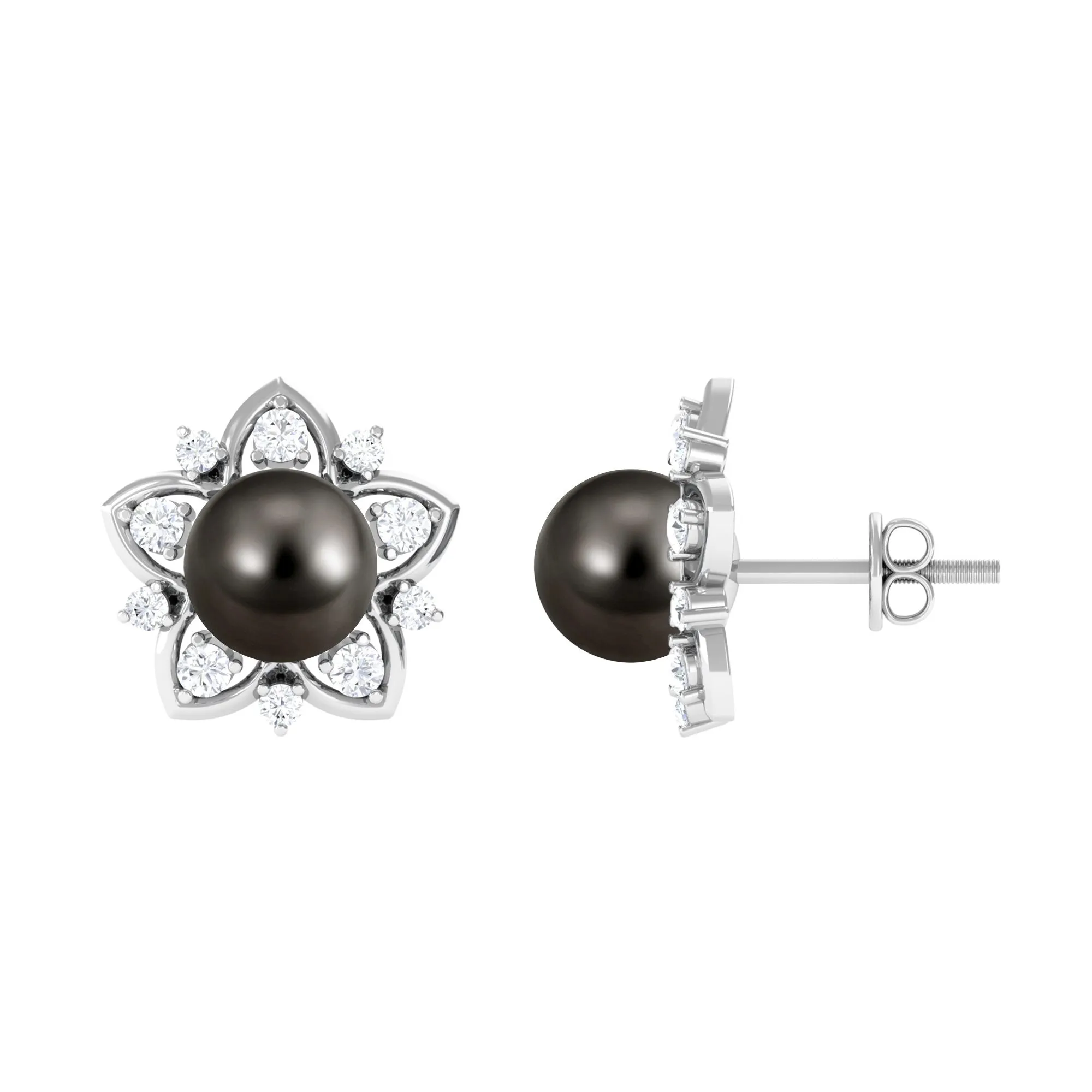 Tahitian Pearl and Diamond Flower Stud Earrings