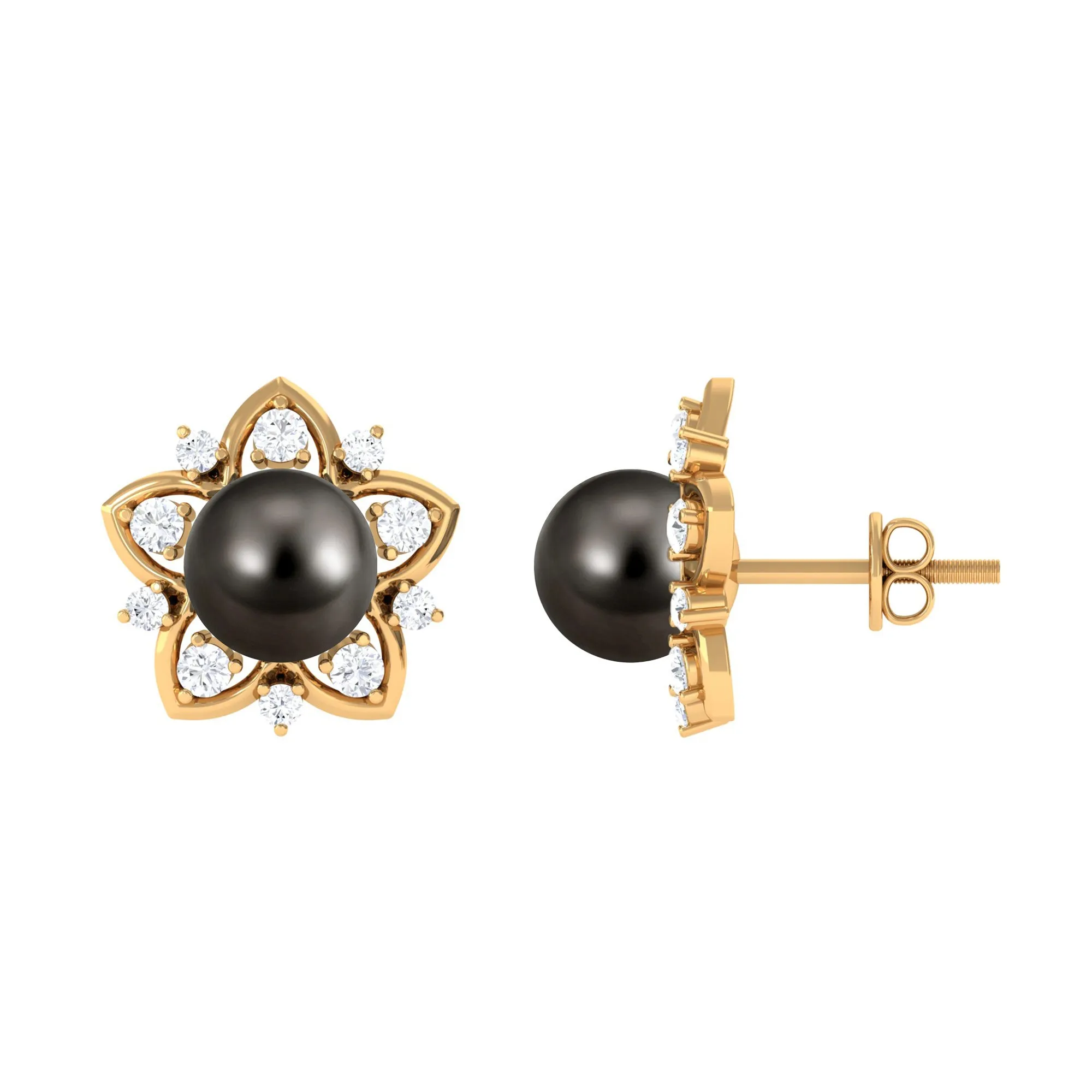 Tahitian Pearl and Diamond Flower Stud Earrings