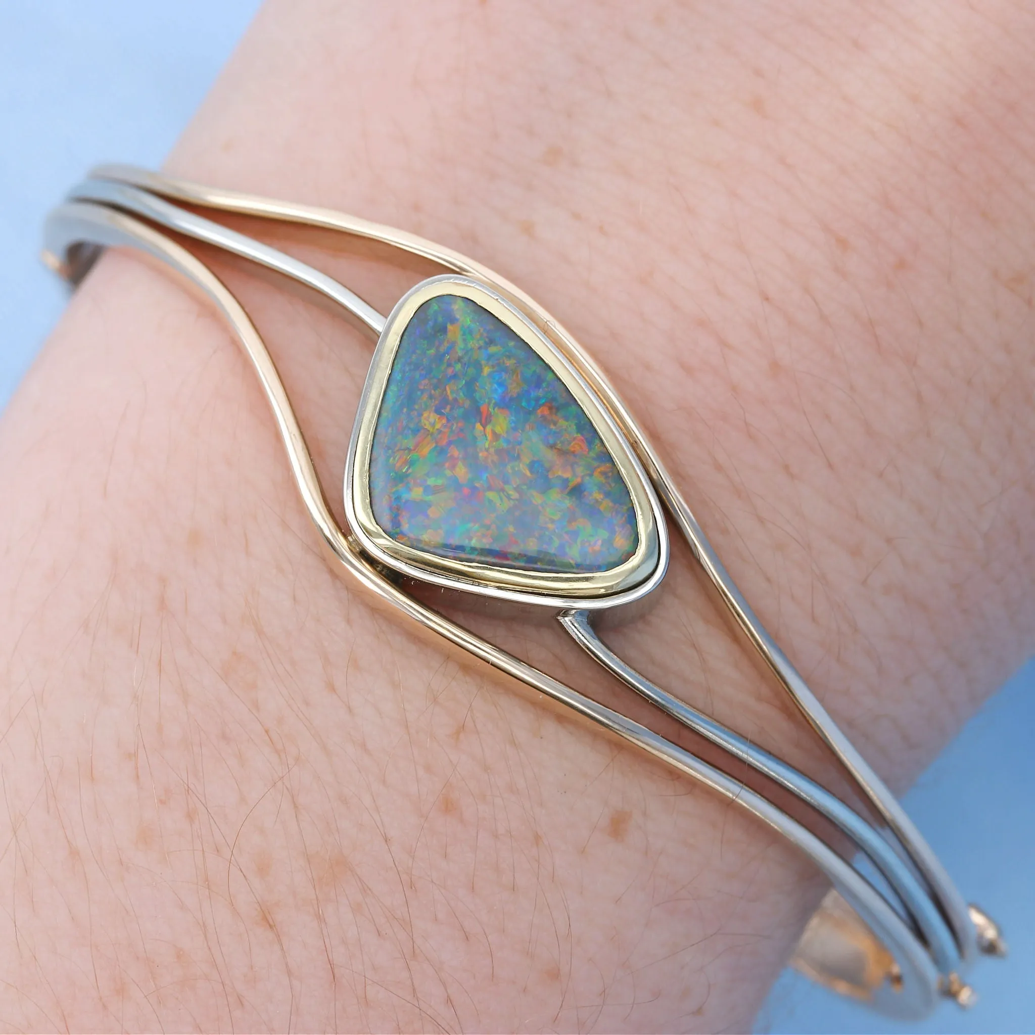 Two Tone Black Opal Organic Hinged Bangle Bracelet