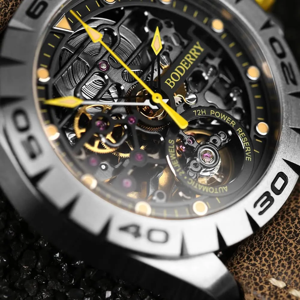 URBAN SKELETON(TITANIUM) Ver 2.0-Silver Hands - 3-Hand Hi-beat(28,800 bph) with 72 hrs Power-reserve Automatic Watch | Yellow Dial