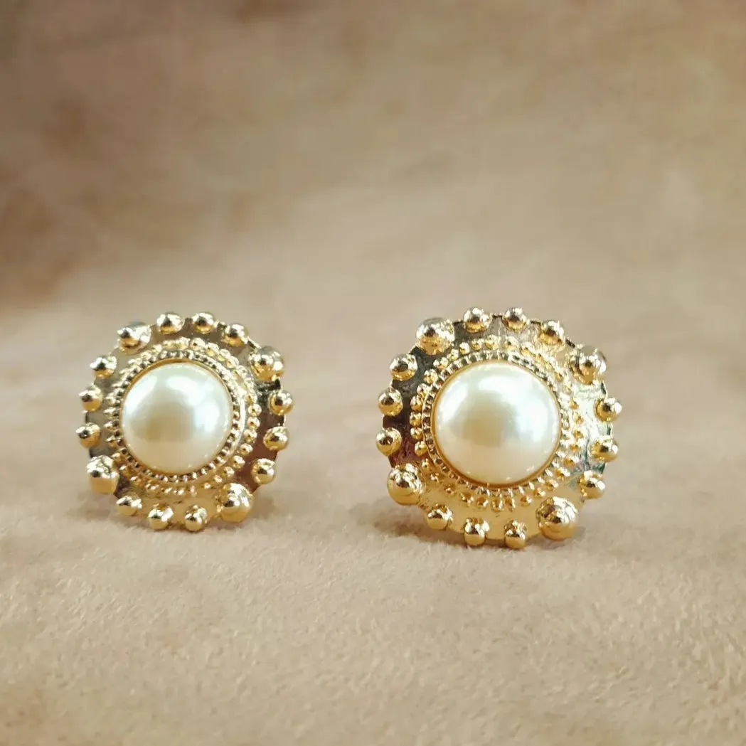 Vintage Gold Round Pearl Earrings Clip On