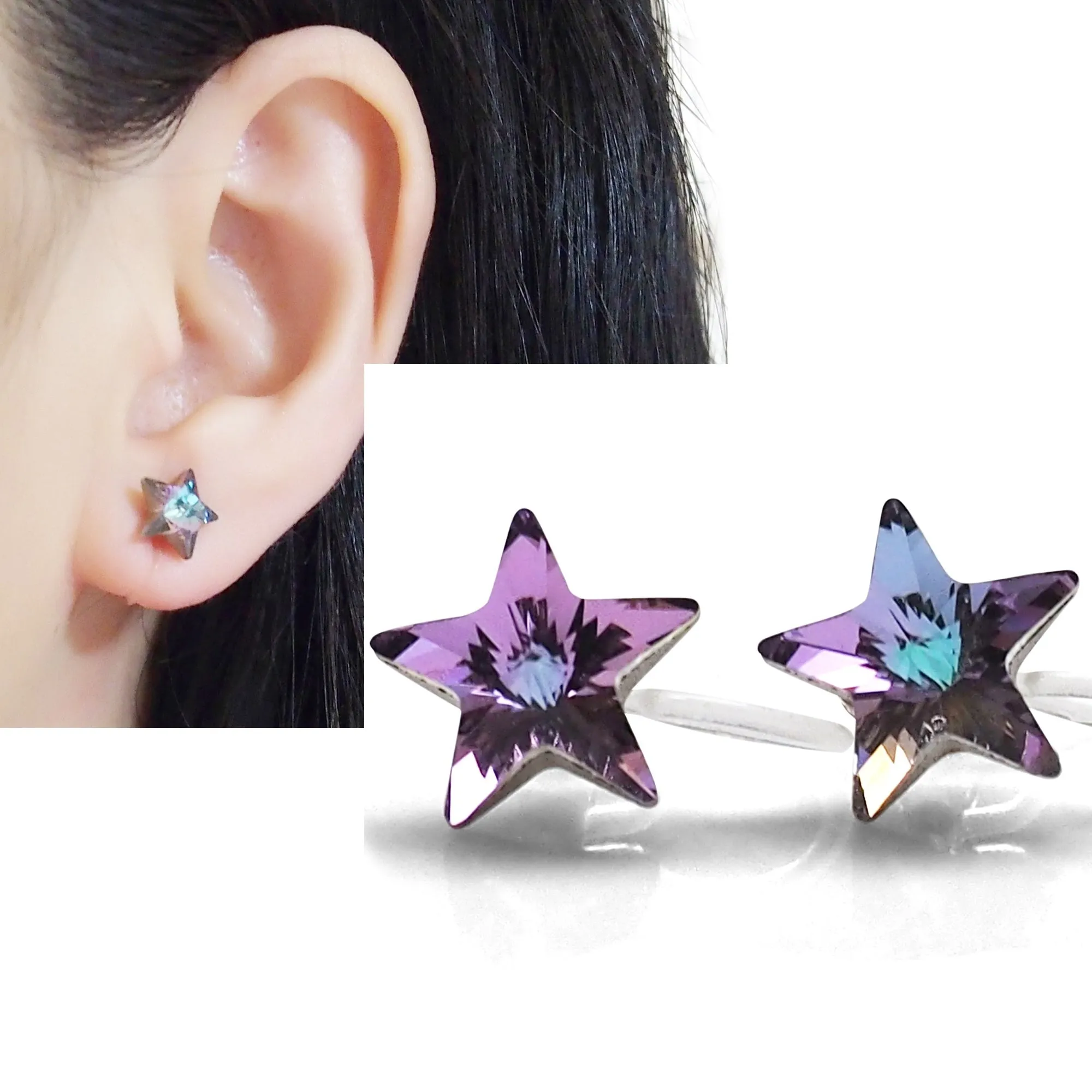 Vitrail Light Star Swarovski crystal invisible clip on stud earrings