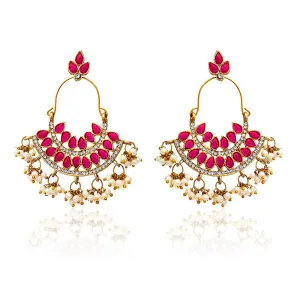 Yellow Chimes Ruby Studded Ethnic Classic Chand Bali Dangle Earrings for Women and Girls