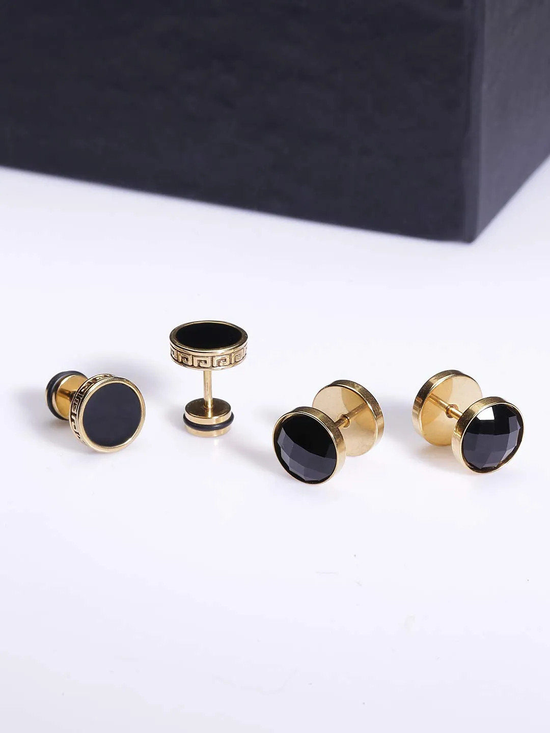 Yellow Chimes Stud Earrings for Men Combo of 2 Pairs Stainless Steel Golden Black Crystal Stud Earrings Men and Boys