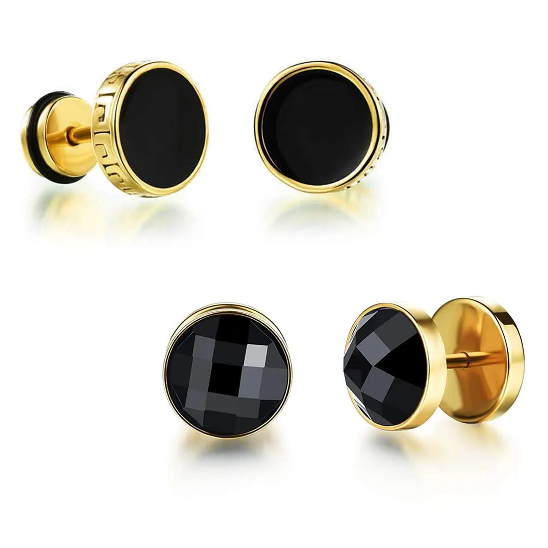 Yellow Chimes Stud Earrings for Men Combo of 2 Pairs Stainless Steel Golden Black Crystal Stud Earrings Men and Boys