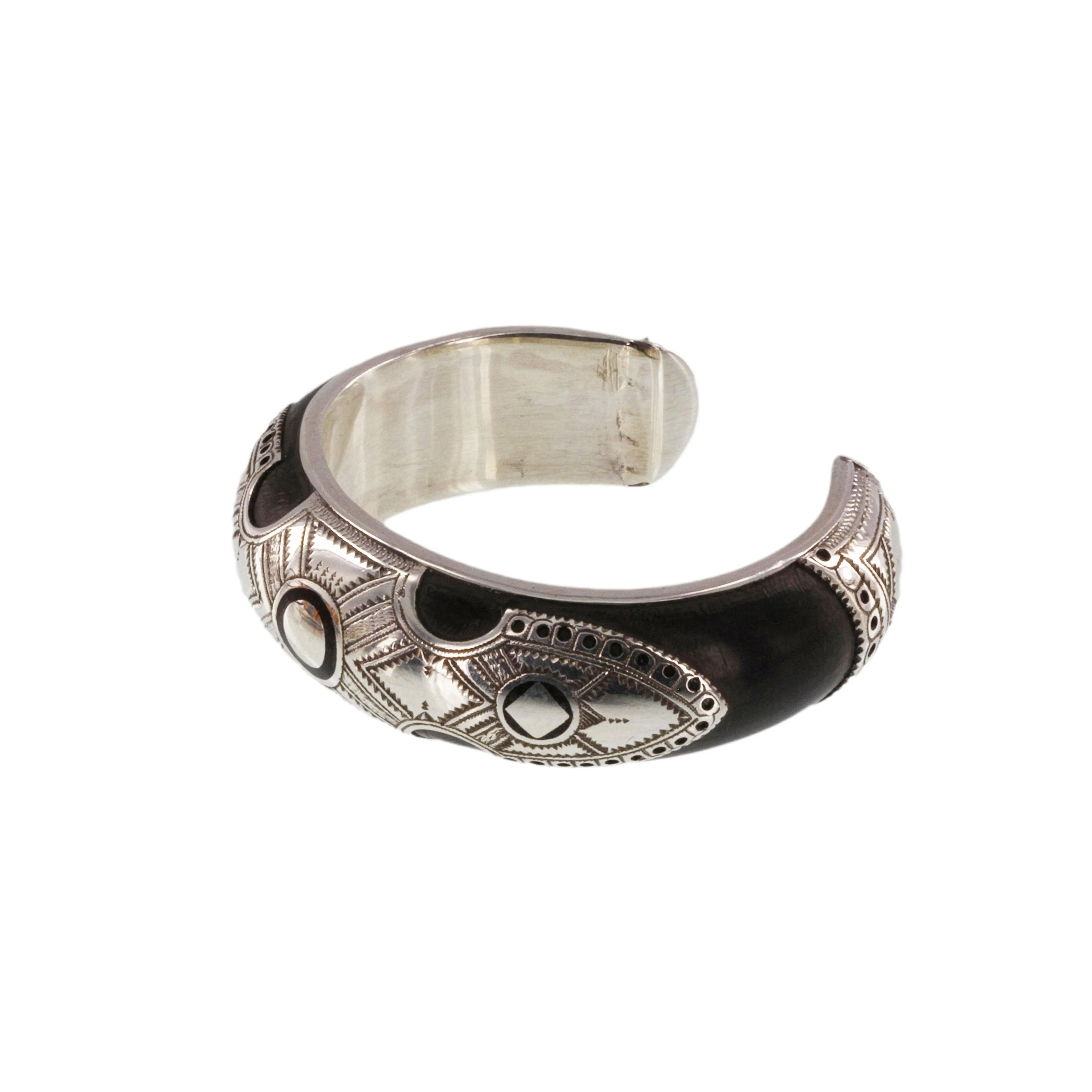 ZIRI||Ebony & Silver Wide Cuff Bracelet, Finely Detailed Etching